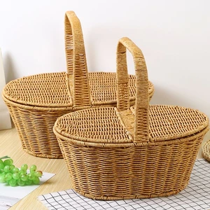 Large Capacity Hand Woven Plastic Picnic Basket With Lid Outdoor