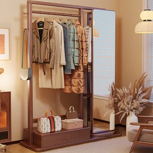 Modern Designed Solid Wood Coat Rack with Rotating Drying Mirror Integrated Storage for Bedroom Simple Household Hanger