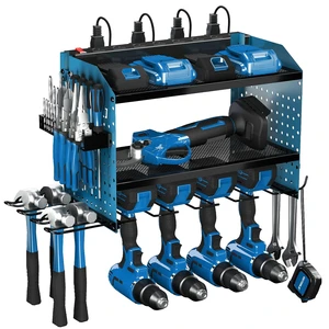 Heavy Duty Blue Carbon Steel Power Tool Organizer Power Strip 4 Drill Holders Hooks Wall-Mounted Three-Tier Garage Storage Rack