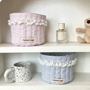 Custom Logo Quilted Cotton Storage Basket Round Cosmetic Organizer With Lace Ruffle Embroidery And Desktop Storage Wholesale