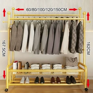 Snow Beauty Modern Iron Coat Rack 4 Hooks 2 Shelves-Space-Saving Foldable Heavy-Duty Hotel Mall Bedroom Storage for Clothes
