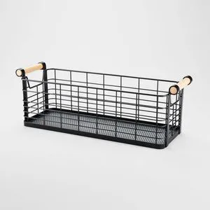 Rectangular Wire Basket with Natural Wood Handles Black Color