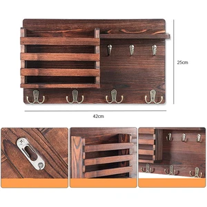 Wooden Key Organizer Wall Mounted Storage Rack with Hooks and Mail Holder for Bathroom or Living Room Home Usage