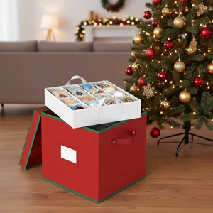 Non-Woven Fabric Heavy-Duty Square Christmas Ornament Storage Box Adjustable Dividers Stores 64 Ornaments Reinforced Base BSCI