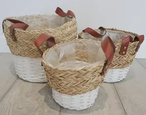 Set of 3 Bohemian Style Rattan Woven Eco-Friendly Storage Baskets Round with Leather Strap Hamper Organizers