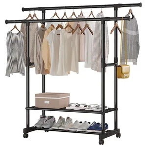 Double Rod Adjustable Metal Clothes Hanger Stand Storage Shelf With 2-layer Shoe Rack And Four Universal Wheels