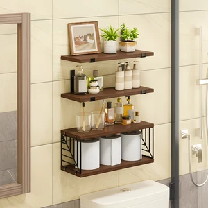3pcs Rustic Wall Mounted Floating Storage Rack with Guardrail for Bedroom, Living Room, Bathroom And Kitchen Wood Wall Shelf