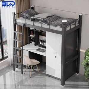 Metal Loft Bed With Desk Multifunctional Space Saving Steel Bunk Bed Student Dormitory Bed With Safety Guardrail For School