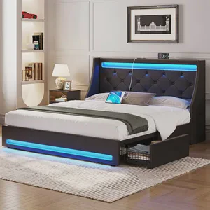 Upholstered Storage Bed With Charging Station And LED Lights Bed
