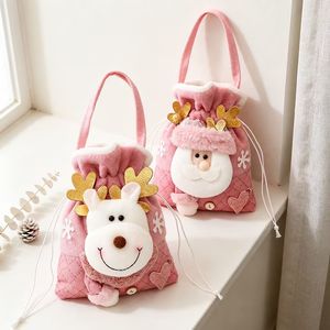 Portable Pink Christmas Plush Storage Pouch Reindeer Santa Drawstring Bag Xmas Party Goodie Bags Factory Wholesale
