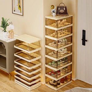 No Assembly Shoe Organizer Rack All-in-one Foldable Stackable Clear Plastic Shoe Storage Box Boots Sneaker Container Bins Holder