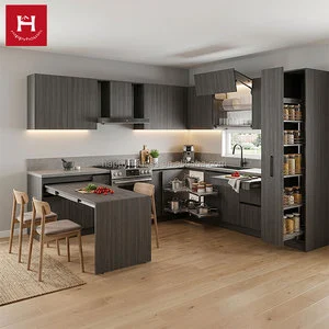 HAPPY HOUSES L Layout Modern Grey Wooden Kitchen Cabinet Set With Retractable Table Magic Corner Pull-out Pantry For Small Space