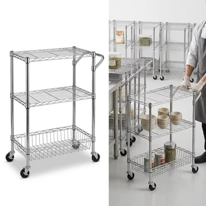 3 Tier Chrome Wire Rolling Utility Cart With Push Handle & Storage Basket Mobile Shelving Trolley With Lockable Casters