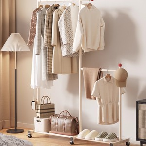 Metal Floor-Standing Bedroom Multi-Functional Mobile Coat Rack with Wheels Home Clothing and Bag Storage Shelf