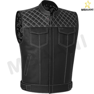 Men's Motorcycle Vest, Genuine Buffalo Leather, Back Armor, Inside Pockets, Motorbike Riding Club Vests Paisley White