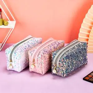 Custom Logo Glitter Sequin Large Capacity Durable Cosmetic Bag Women Shiny Iridescent Makeup Pouch Travel for Case