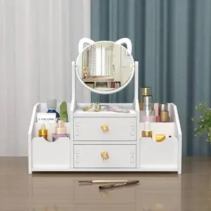 Nordic Luxury White Round Mirror Storage Box Multifunctional Wood Makeup Organizer Cat Ears for Living Room Cosmetic Storage