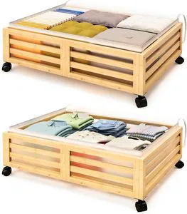 Bamboo Underbed Storage Organizer Drawer with Dust Bags Wood Rolling Multifunctional Design for Shoes Box Packed