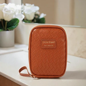 New PU Knitted Makeup Storage Bag with Large Capacity Fashionable Handheld Double Zipper Travel Toilet Portable Water Resistant