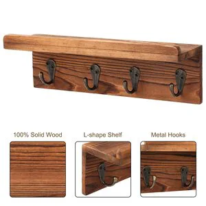 Wooden Wall Mounted Coat Rack with Shelf, 4 Hooks Vintage Solid Wood Key Holder, Entryway Wall Hanging Organizer Home Decor
