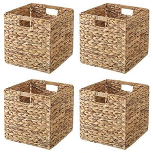 Hand-knitted Natural Water Hyacinth Straw Wicker Woven Storage Organized Square Handle Baskets Rattan Handmade Storage Bin