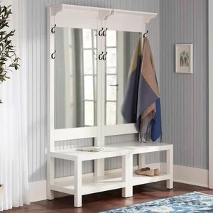 Minimalist Wooden White Coat Rack with 8 Hooks Large Mirror Shoe Stand Wooden Coat Hanger Rack Hall Sets Storage Bench