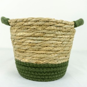 Green Cotton Thread & Grass Rope Hand Woven Eco-Friendly Storage Basket with Handle for Flower Pot and Living Room Use