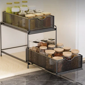 Multi-functional 2 Tier Carbon Steel Under Sink Sliding Drawer Organizer Kitchen Cabinet Pull Out Spice Rack