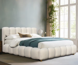 Modern Cream Fabric Luxury Full Size King Size Wooden Double Upholstered Bed Frames Ottoman Storage Bed
