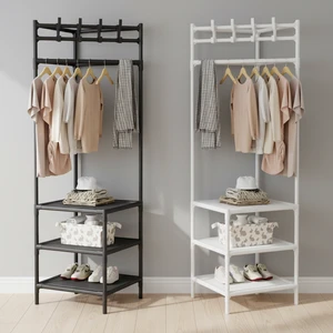 Floor-standing 3-layer Movable Coat Rack Storage Rack Hanging Clothes Plastic Hanger Punch-free Household Drying Space-saving