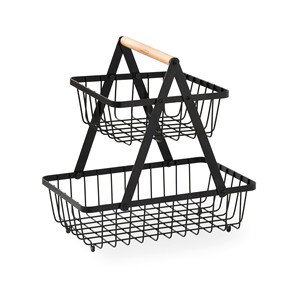 Double Tier Durable Metal Wire Basket with Wooden Handle for Multifunctional Kitchen Storage