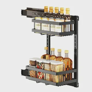 New Kitchen Under Cabinet Sliding Metal 2 Layer Spice Storage Organizer with Adjustable Pull-Down Basket