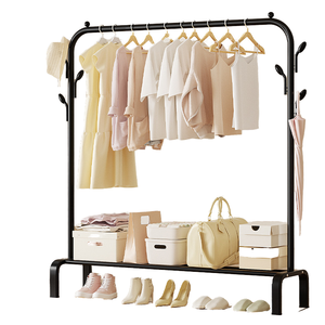 Double Metal Coat Rack Wooden Shelf Household Use Kitchen Storage Organizer Hangers Garments Convenient Clothes Drying Rack