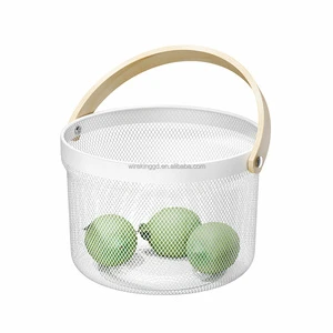 WIREKING Multi-functional Kitchen Household Home Collection Basket Metal Mesh Wire Storage Basket with Wooden Handle