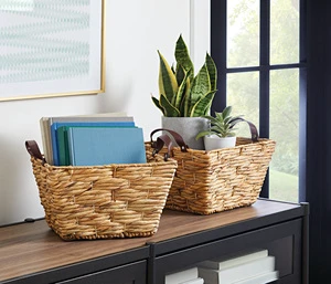 Set 2 Rectangle Woven Water Hyacinth Seagrass Storage Basket Leather Handles Eco-Friendly Folding Design Multifunction Organizer