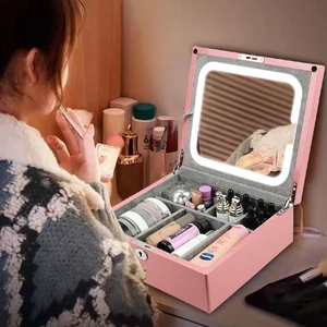 Multifunctional Professional Led Mirror Makeup Bag Travel Case With Lock Wooden Cosmetic Storage Bag & Case