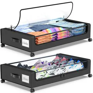2-Pack Under Bed Storage Containers with Clear Lids Under the Bed Storage Organizer Bins Rolling Under Bed Metal Drawer