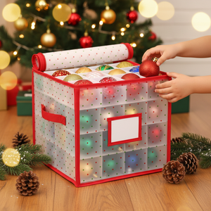 Christmas Ornament Storage Box with Dividers, Holds 64 Ornaments, Durable PVC Holiday Decoration Organizer Container