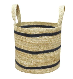 Braided European Style Jute Storage Basket Black Stripe Pattern Handwoven Collapsible Design Eco-Friendly Multi-functional Use