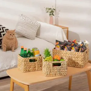 Rectangle Shape Handmade Natural Water Hyacinth Woven Eco Friendly Lightweight Customizable Kitchen Laundry Basket Modern