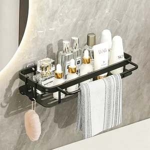 Punch Free Wall Mount Space Aluminum Bathroom Shelf With Towel Bar & Hooks Custom Shower Caddy Organizer Rack