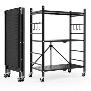 NFS Stainless Steel 3-Tier Foldable Storage Shelves with 6 Hooks Wheels No Assembly-Pantry & Kitchen Black