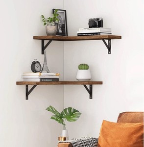 Furniture Corner Shelf Art Deco Wooden & Metal Set of 2 Floating Wall Storage Rack for Living Room & Bathroom Tools