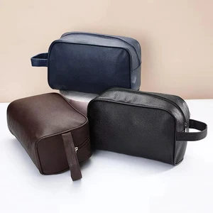 Custom Logo Leather Zipper Makeup Bag Waterproof Large Capacity Travel Portable Beauty Cosmetic Bag For Men Handle Toiletry Bag