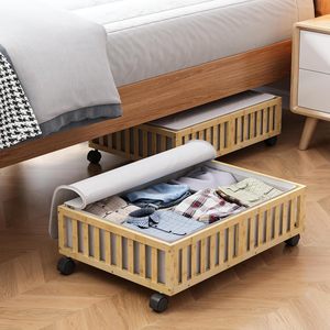 2-Pack Bamboo Bed Storage Containers Rolling Wheels WoodUnderbed Drawers For Bedroom Sheets Clothes Blanket Crib Toy Organizer