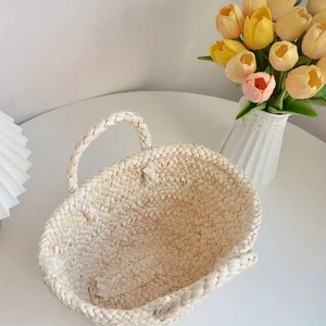 Handmade Straw Woven Round Storage Basket Bohemian Style Living Room Organizer Natural Color Handle Design