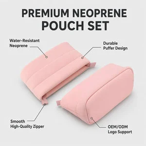 Custom Logo Pink Neoprene Travel Cosmetic Bag Quilted Toiletry Organizer Pouch Portable Waterproof Makeup Storage Bag OEM