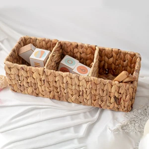 Cross-border Best-selling Water Hyacinth Rectangular Nordic Style Small Size Storage Basket Partitioned Woven Organizer Handmade