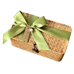 Seagrass Storage Gift Basket With Lid 3 Sizes Available Bowknot Decor Woven Gift Box Multiple Styles & Colors, OEM ODM Supported