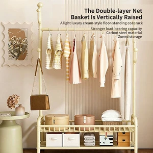 Modern Heavy Duty Space Saving Iron Coat Rack for Living Room Bedroom Storage with 5 Hooks and 2 Shelves